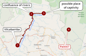 Possible route of Tupac Amaru's escape from the Spaniards