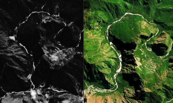 Слева: фотографический снимок Мачу-Пикчу, сделанный американским разведывательным спутником Keyhole-9 (также известным как Big Bird) 07.08.1980, данные предоставлены Геологической службой США. Справа: снимок Мачу-Пикчу, сделанный современным американским спутником WorldView-2, данные DigitalGlobe.