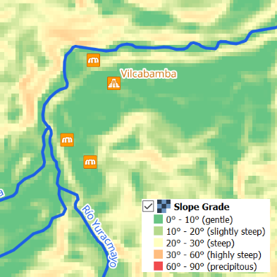 Фрагмент карты крутизны поверхности для руин Вилькабамбы. Руины находятся на большом ровном плато с крутизной поверхности менее 20°