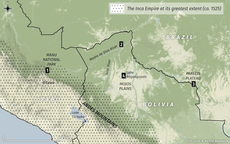 Gebiete der Suche nach Paititi nach verschiedenen Forschern