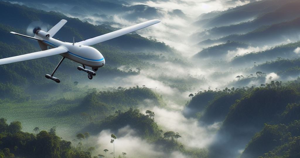 Unmanned-airplane-type-drone-equipped-with-lidar-flying-over-jungles