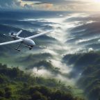 Unmanned-airplane-type-drone-equipped-with-lidar-flying-over-jungles