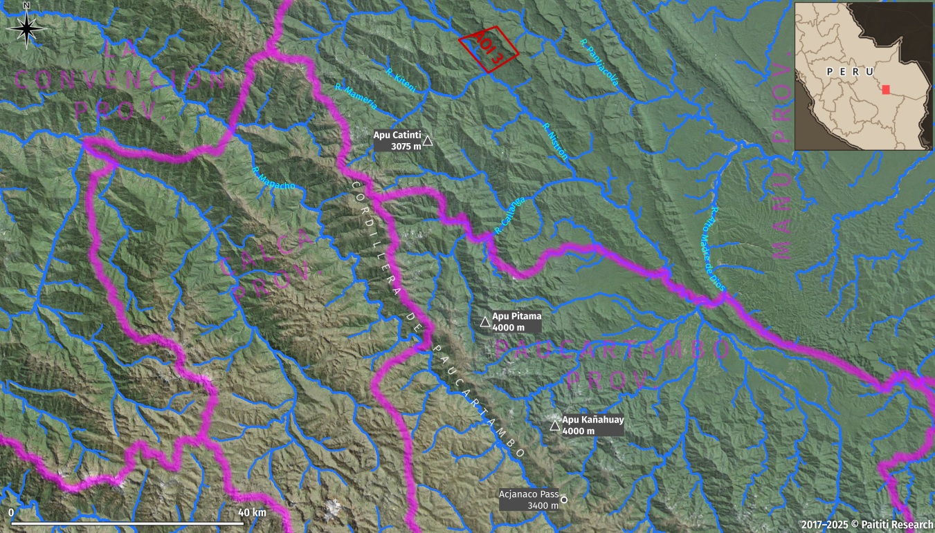 Overview map illustrating the study area. AOI 3 marks the area of interest where Paititi is located, according to our research.